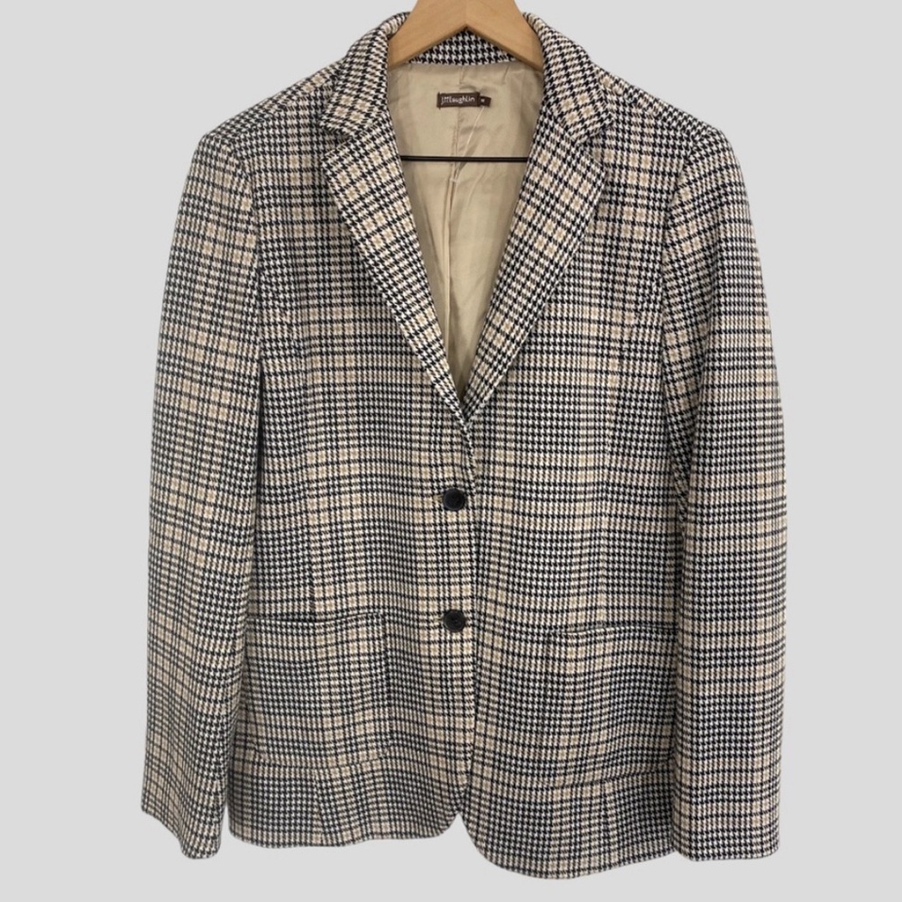J. McLaughlin Tan Black Plaid Houndstooth Blazer with Pockets NWOT